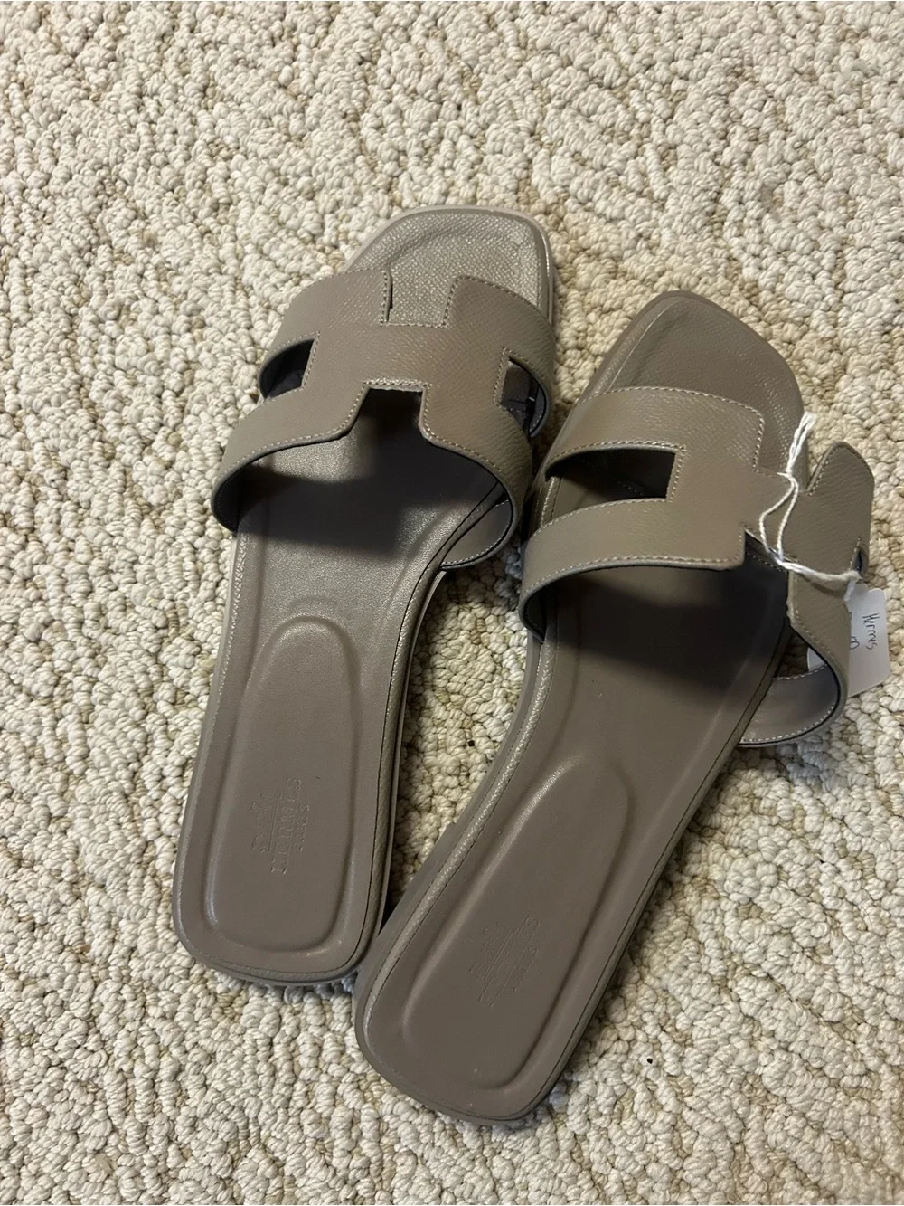Hermes Taupe H‑Cut Leather Slide Sandals